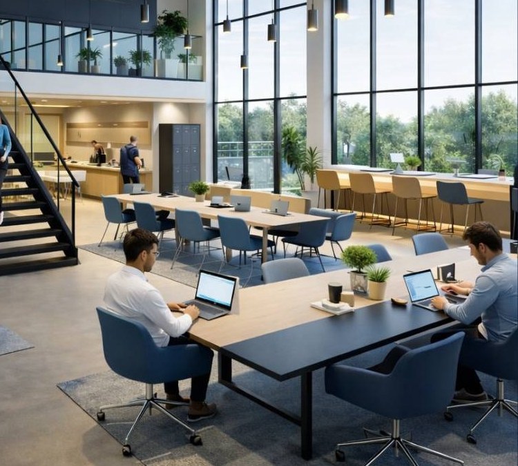 Inrichtingsimpressie met werkplekken en overleg bij grote raampartijen (visualisatie)