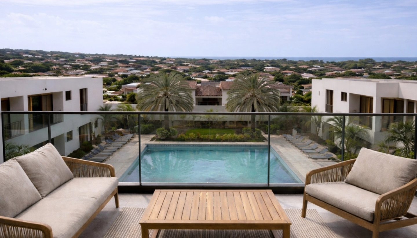 Balkon met zicht richting het zwembad van het resort (impressie)